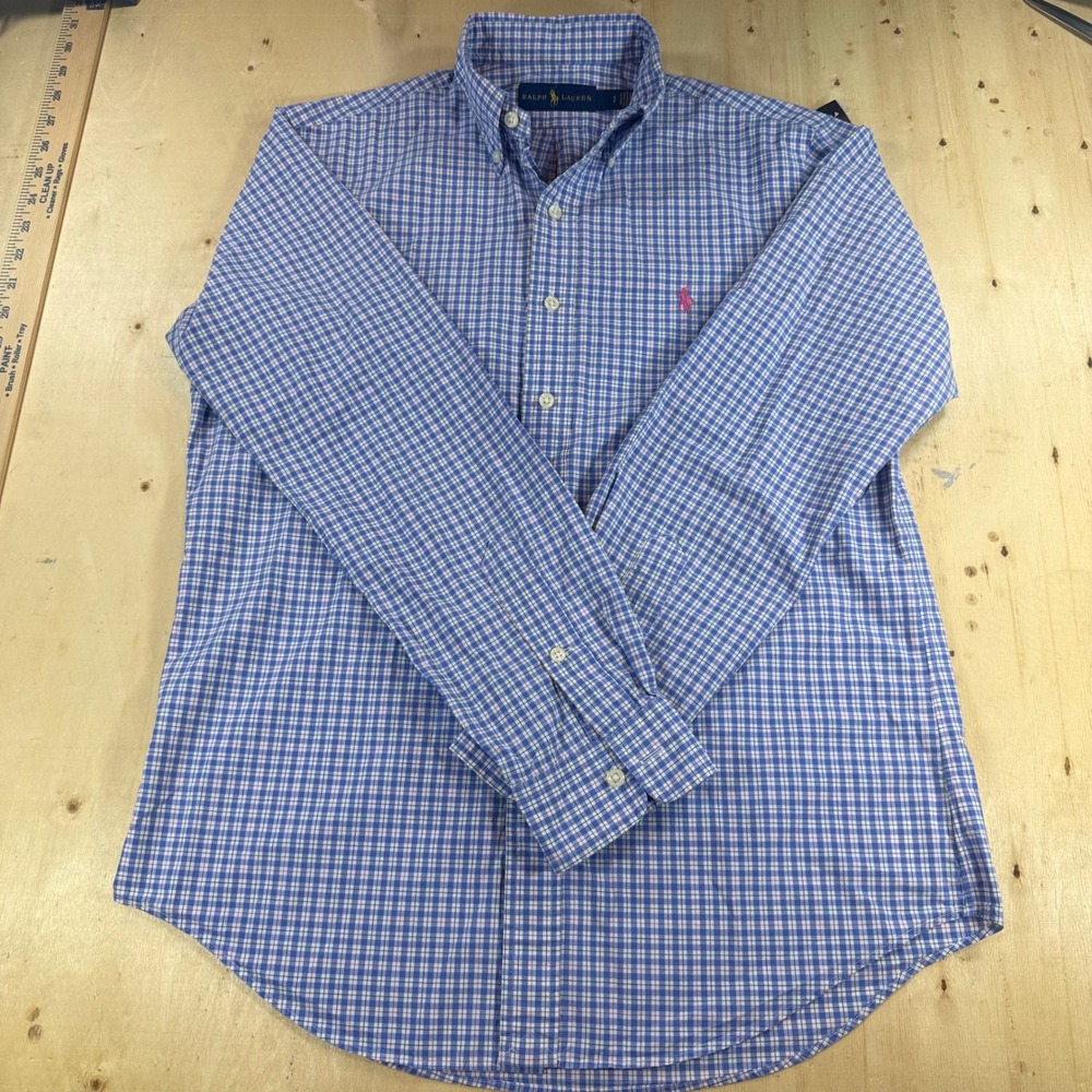 Ralph Lauren Mens Small Blue Gingham Check Button Down Shirt Pink Pony Logo